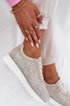 Zamszowe Ażurowe Sneakersy Na Platformie LR51-927 Złote