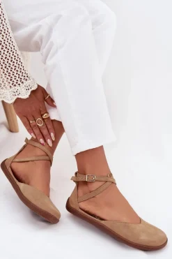 Zamszowe Baleriny Damskie Barefoot Z Paskami Zazoo 191 Beżowe