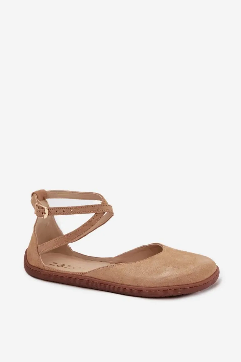 Zamszowe Baleriny Damskie Barefoot Z Paskami Zazoo 191 Beżowe