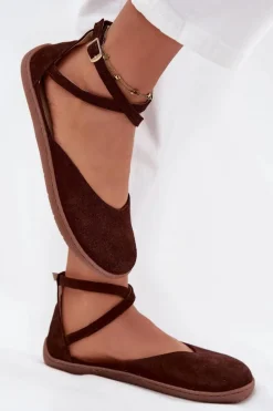 Zamszowe Baleriny Damskie Barefoot Z Paskami Zazoo 191 Czekoladowe