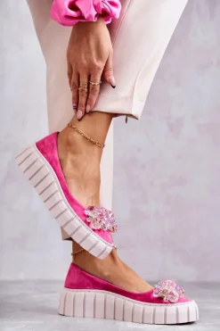 Zamszowe Baleriny Na Platformie Z Ozdobą Fuksja Ladette