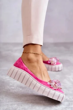 Zamszowe Baleriny Na Platformie Z Ozdobą Fuksja Ladette