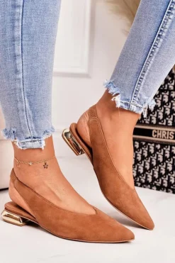 Zamszowe Baleriny Na Złotym Obcasie Laura Messi 2127 Camel