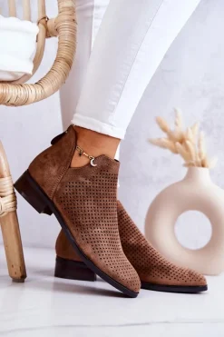Zamszowe Botki Ażurowe Brązowe Shirley