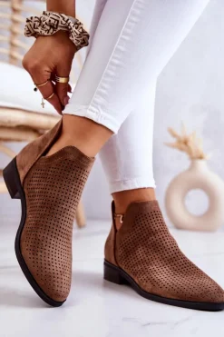 Zamszowe Botki Ażurowe Brązowe Shirley
