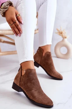 Zamszowe Botki Ażurowe Brązowe Shirley