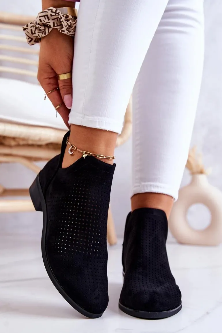 Zamszowe Botki Ażurowe Czarne Shirley