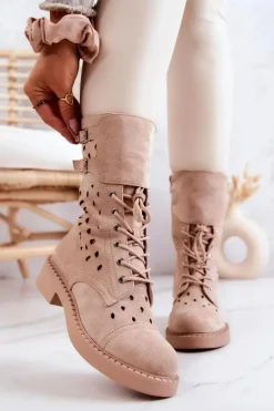 Zamszowe Botki Ażurowe Na Suwak Jasnobeżowe Hermione