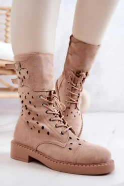 Zamszowe Botki Ażurowe Na Suwak Jasnobeżowe Hermione