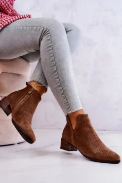 Zamszowe Botki Ażurowe Z Wycięciem Brązowe Carine