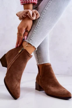 Zamszowe Botki Ażurowe Z Wycięciem Brązowe Carine