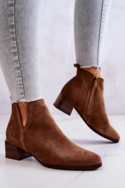 Zamszowe Botki Ażurowe Z Wycięciem Brązowe Carine