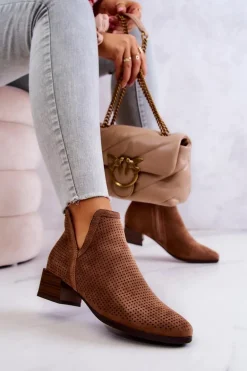 Zamszowe Botki Ażurowe Z Wycięciem Brązowe Carine