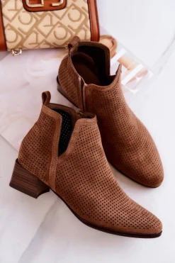 Zamszowe Botki Ażurowe Z Wycięciem Brązowe Carine