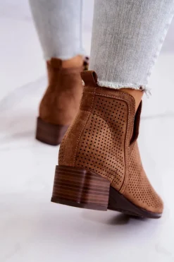Zamszowe Botki Ażurowe Z Wycięciem Brązowe Carine