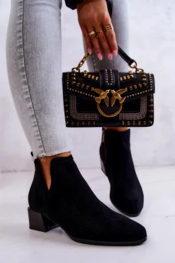 Zamszowe Botki Ażurowe Z Wycięciem Czarne Carine