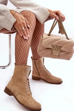 Zamszowe Botki Damskie Beżowe Nicole 2848
