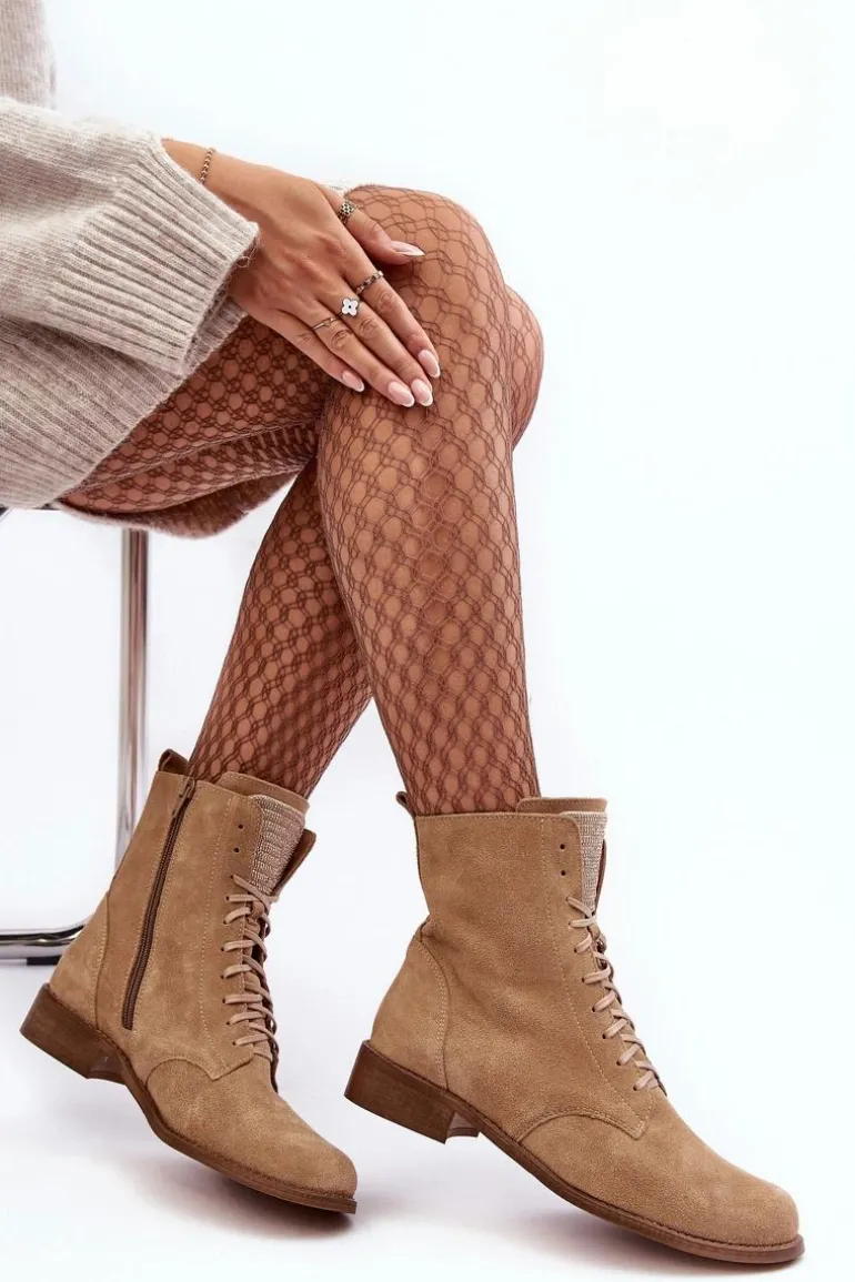 Zamszowe Botki Damskie Beżowe Nicole 2848