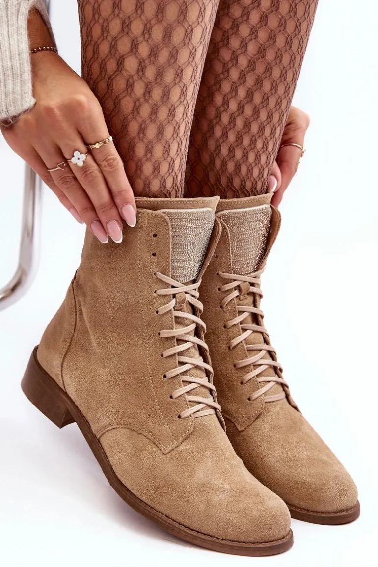 Zamszowe Botki Damskie Beżowe Nicole 2848