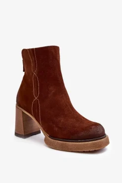 Zamszowe Botki Damskie Na Słupku Brązowe Lemar Remilda