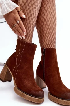 Zamszowe Botki Damskie Na Słupku Brązowe Lemar Remilda