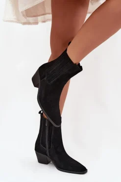 Zamszowe Botki Damskie Na Słupku Ocieplane Czarne Arelia