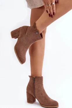 Zamszowe Botki Damskie Na Słupku Brązowe Selela