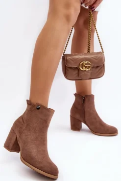 Zamszowe Botki Damskie Na Słupku Brązowe Selela