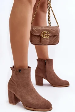 Zamszowe Botki Damskie Na Słupku Brązowe Selela