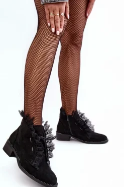 Zamszowe Botki Damskie Na Płaskim Obcasie Czarne Klemovia