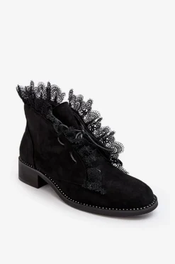 Zamszowe Botki Damskie Na Płaskim Obcasie Czarne Klemovia