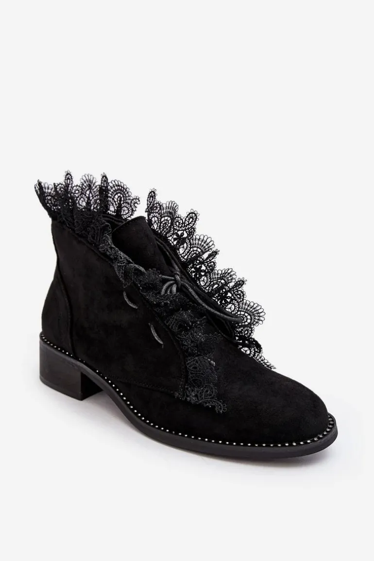 Zamszowe Botki Damskie Na Płaskim Obcasie Czarne Klemovia