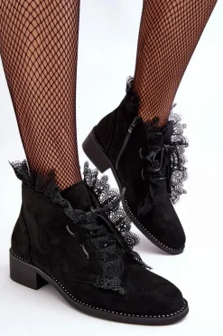 Zamszowe Botki Damskie Na Płaskim Obcasie Czarne Klemovia