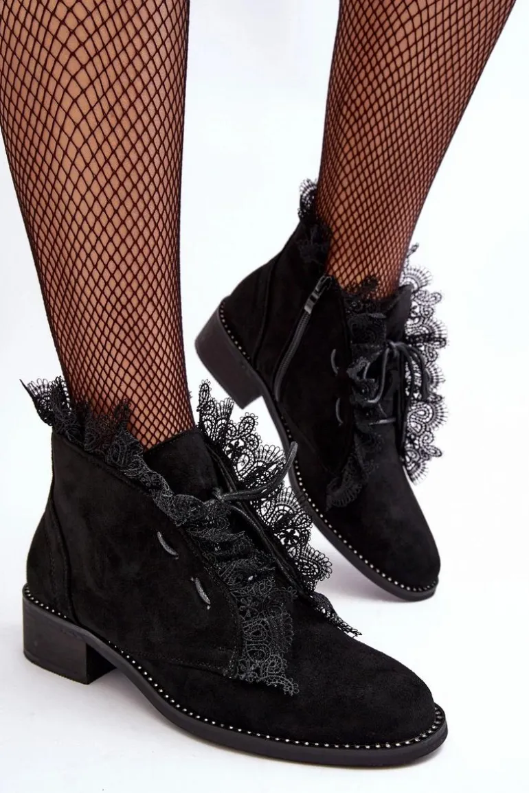 Zamszowe Botki Damskie Na Płaskim Obcasie Czarne Klemovia