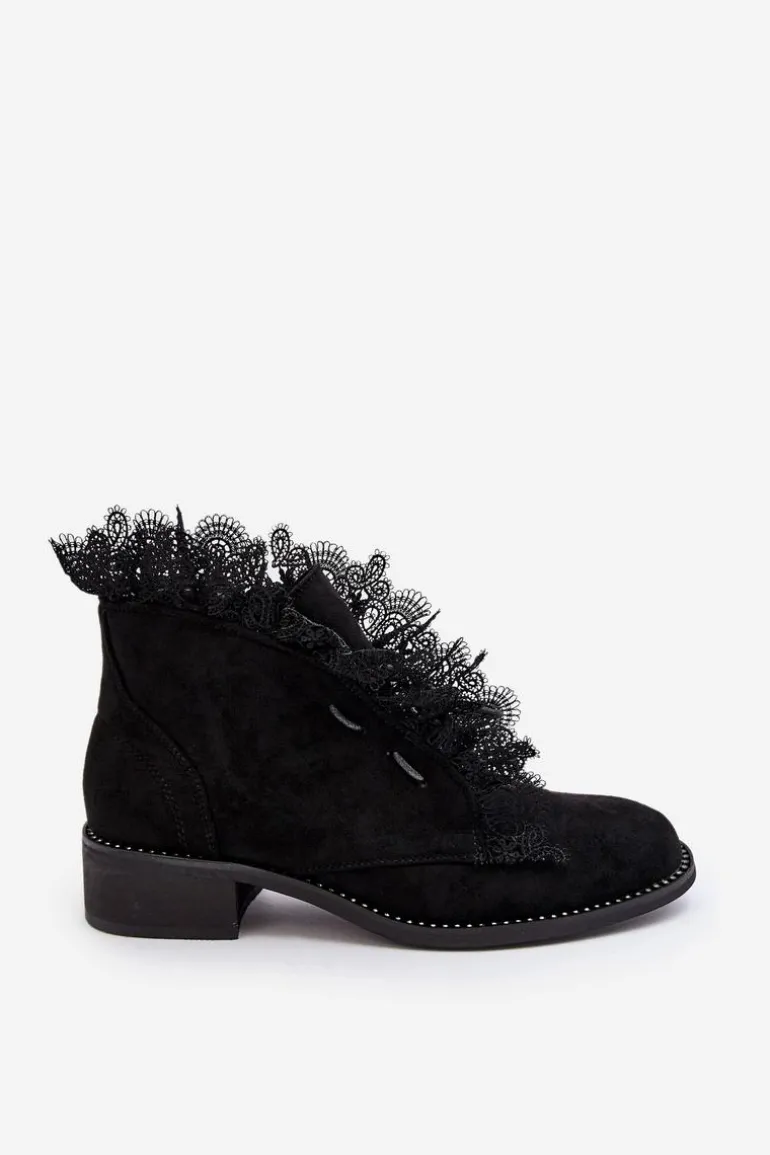 Zamszowe Botki Damskie Na Płaskim Obcasie Czarne Klemovia