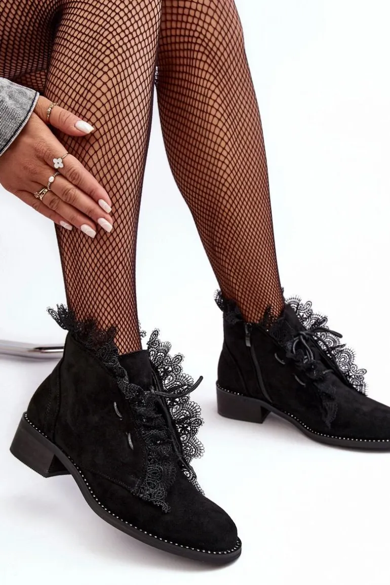 Zamszowe Botki Damskie Na Płaskim Obcasie Czarne Klemovia