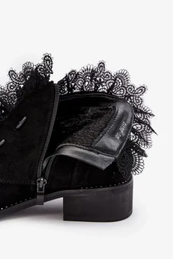 Zamszowe Botki Damskie Na Płaskim Obcasie Czarne Klemovia