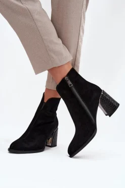 Zamszowe Botki Damskie Na Słupku Z Tłoczeniem Ocieplane Vinceza 66801 Czarne