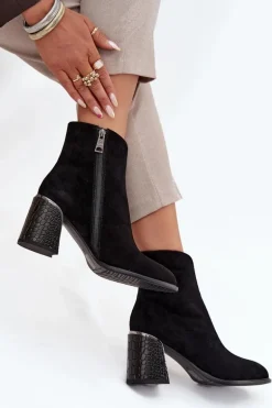 Zamszowe Botki Damskie Na Słupku Z Tłoczeniem Ocieplane Vinceza 66801 Czarne