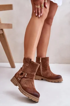 Zamszowe Botki Damskie Na Płaskim Obcasie Lewski 3610 Brązowe