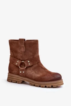 Zamszowe Botki Damskie Na Płaskim Obcasie Lewski 3610 Brązowe