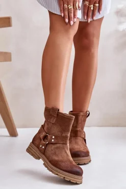 Zamszowe Botki Damskie Na Płaskim Obcasie Lewski 3610 Brązowe