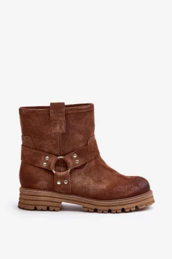 Zamszowe Botki Damskie Na Płaskim Obcasie Lewski 3610 Brązowe