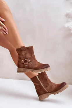 Zamszowe Botki Damskie Na Płaskim Obcasie Lewski 3610 Brązowe