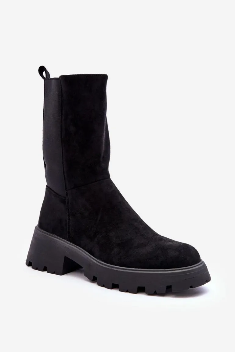 Zamszowe Botki Damskie Na Płaskim Obcasie Czarne Altandros