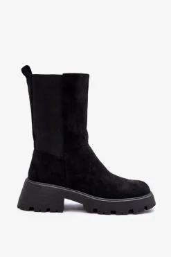 Zamszowe Botki Damskie Na Płaskim Obcasie Czarne Altandros