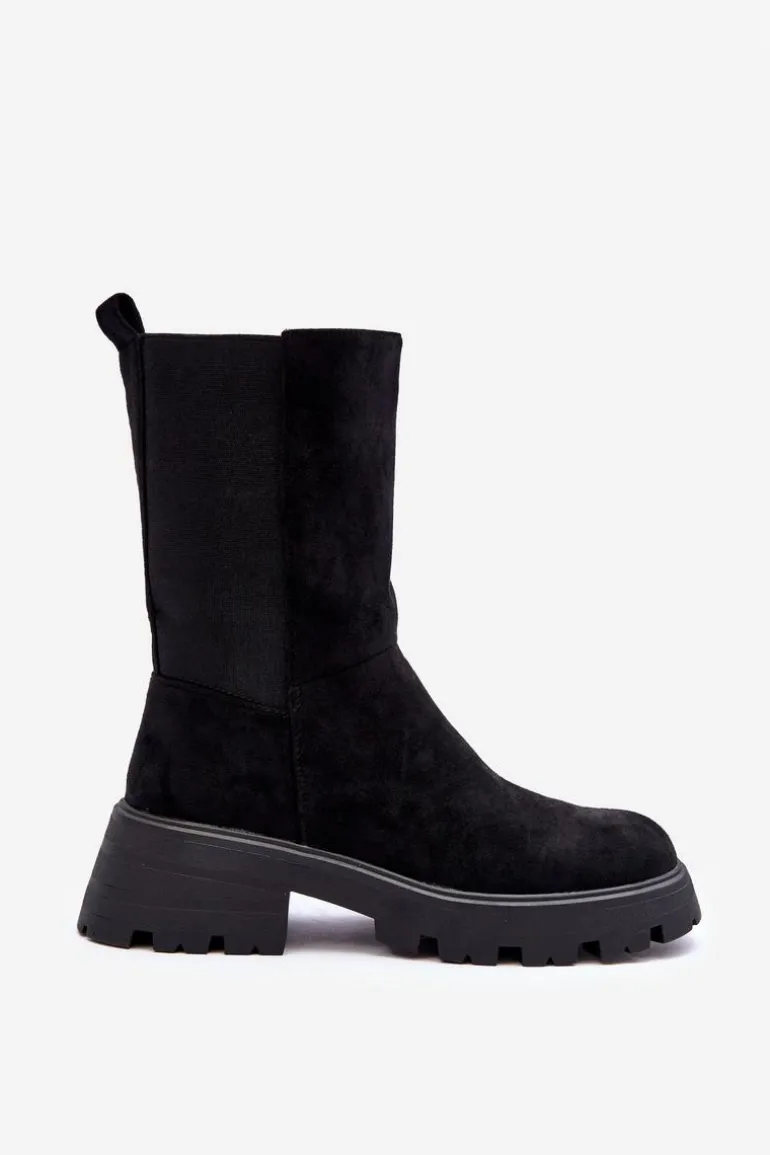 Zamszowe Botki Damskie Na Płaskim Obcasie Czarne Altandros