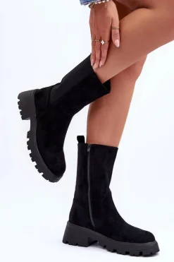 Zamszowe Botki Damskie Na Płaskim Obcasie Czarne Altandros