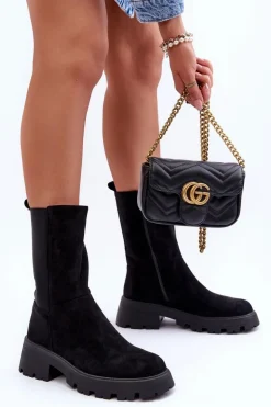 Zamszowe Botki Damskie Na Płaskim Obcasie Czarne Altandros