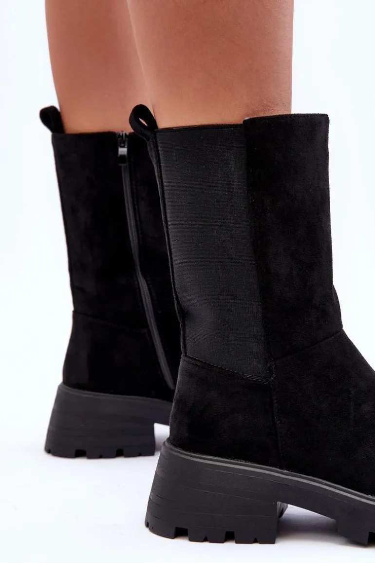 Zamszowe Botki Damskie Na Płaskim Obcasie Czarne Altandros